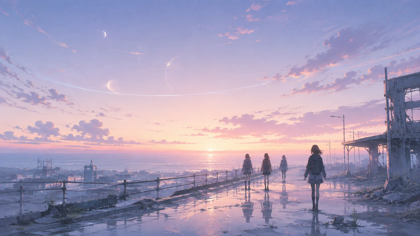 夜明け前の海辺の駅で、二人の人物が同じ地平線を見つめている風景
