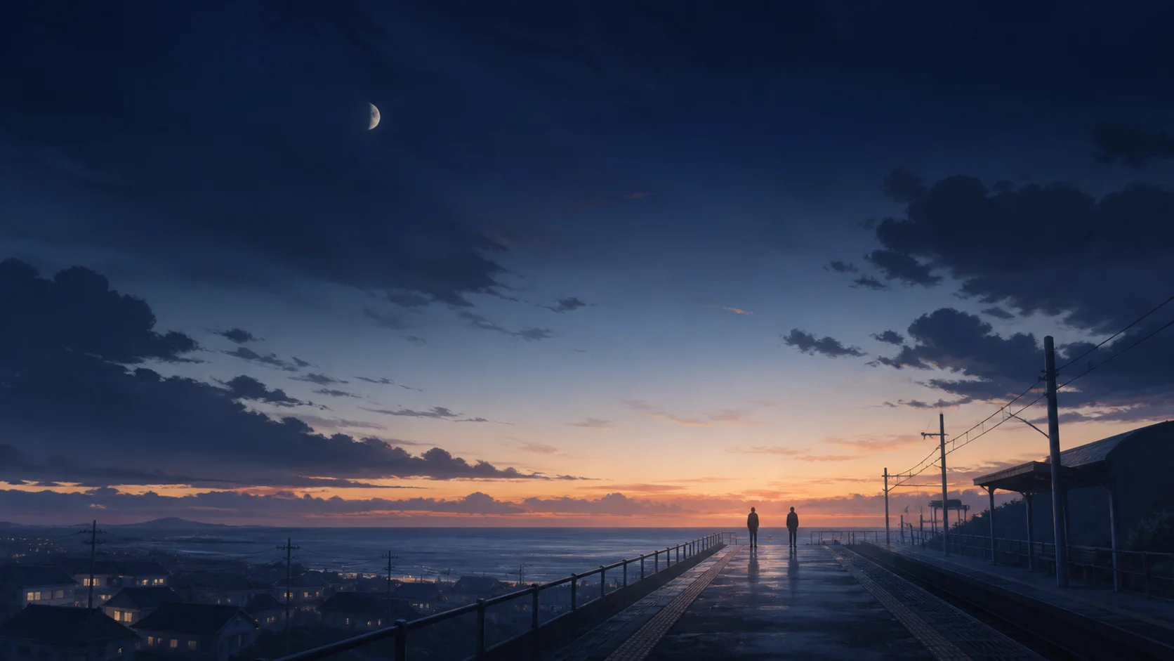 夜明け前の海辺の駅で、二人の人物が同じ地平線を見つめている風景